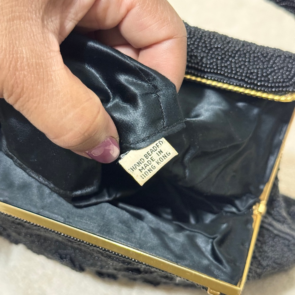 Vintage 1960s Black Hand Beaded Floral Evening Handbag Made in Hong Kong - Picture 8 of 14